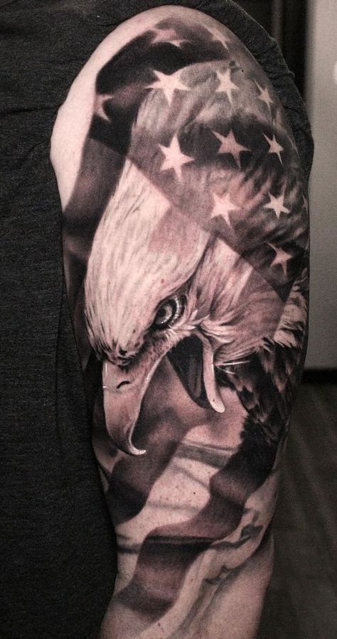 Men’s Patriotic Tattoos, Eagle Flag Tattoo Men, Army Tattoo Sleeves, Eagle Holding Flag Tattoo, Patriotic Tattoo Sleeve Ideas For Men, Patriotic Tattoo Designs, Eagle Flag Tattoo Design, Eagle And American Flag Tattoo, Patriotic Sleeve Tattoo For Women