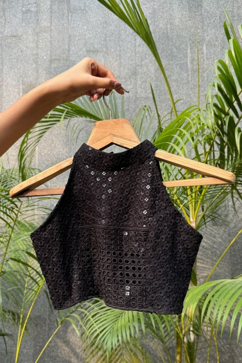 Black sequence halter neck blouse with back zip Sequence Blouse Pattern, Black Halter Neck Blouse, Black Blouse Back Neck Designs, Halter Neck Blouse Back, Sequin Blouse Designs Latest, Halter Neck Blouse Saree, Halter Saree Blouse, Black Sequence Blouse, Sequin Blouse Designs