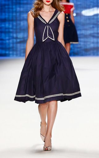 Marine Sailor Styled A Line Dress by LENA HOSCHEK for Preorder on Moda Operandi Nautical Outfits, Lena Hoschek, Sailor Style, Berlin Fashion Week, Berlin Fashion, Sailor Fashion, Sailor Dress, Sailor Collar, Nautical Fashion