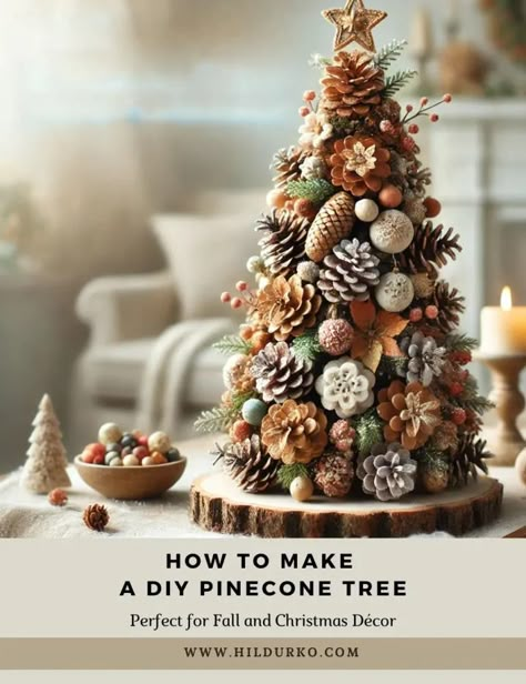 How to Make a DIY Pinecone Tree - Colorful Conversations: HildurKO's Visual Journal Pine Cones Christmas Crafts, Xmas Pine Cone Decorations, Pinecone Christmas Decorations Diy, Decoration With Pine Cones, Pinecone Christmas Trees Diy, Diy Fall Ornaments For Tree, How To Treat Pinecones For Crafts, Small Pinecone Crafts Ideas, Pinecone Christmas Tree Diy