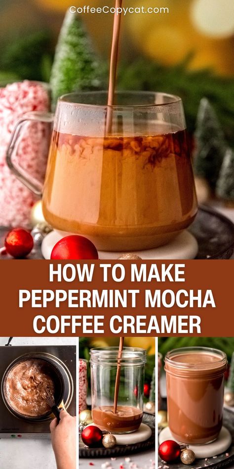 Homemade Peppermint Mocha Creamer - coffeecopycat.com Chobani Peppermint Mocha Creamer, Peppermint Creamer Homemade, Peppermint Mocha Creamer Recipe, Diy Peppermint Mocha Creamer, Homemade Peppermint Mocha Creamer, Diy Peppermint Mocha, Mocha Creamer Recipe, Peppermint Mocha Coffee Creamer, Peppermint Coffee Creamer