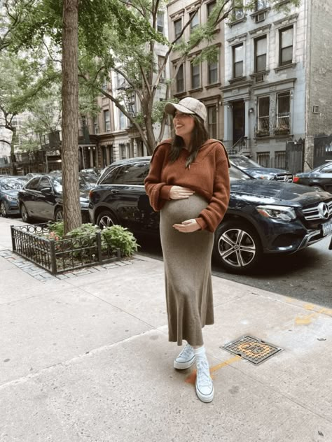 Bump-Friendly Fall Outfits- maternity, maternity outfits ideas, bump style, women's fashion, style, fashion, midi skirt, hat, sneakers, high top converse outfit, skirt, sweater, sweater outfits, fall outfits, fall outfits 2021 | @prettyinthepines, New York City Preggo Fall Outfits, Chic Bump Style, Chic Fall Maternity Outfits, Maternity Style Autumn, Winter Bump Style, Knit Skirt And Sweater Outfit, Silk Skirt Pregnant Outfit, Bump Winter Outfits, New York Maternity Outfits