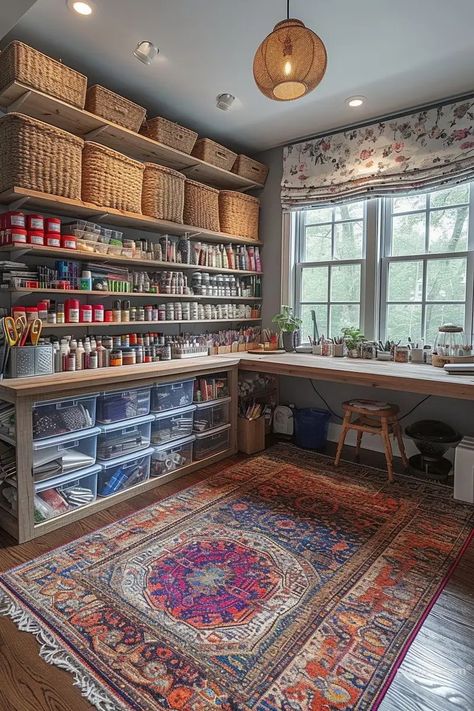 Art Studio In Closet, Sophisticated Craft Room, Art Studio Design Ideas Small Spaces, Small Art Studios At Home, Sewing Room Fabric Storage, At Home Jewelry Studio, Garage To Art Studio Conversion, Cottage Art Studio, Art Room In House