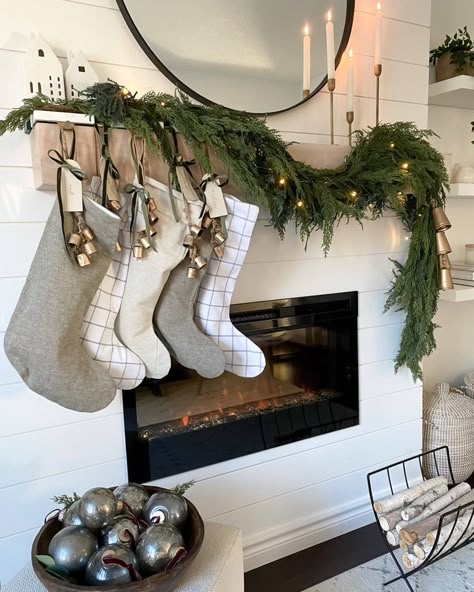 Christmas Mantle With Stockings And Garland, Christmas Mantle Manger Scene, Farmhouse Mantle Garland, Stockings By Fireplace, Christmas Garland Over Fireplace, Mantle With Garland And Stocking, One Sided Garland Mantle, Christmas Mantel Minimalist, Christmas Mantle Decor Ideas 2023