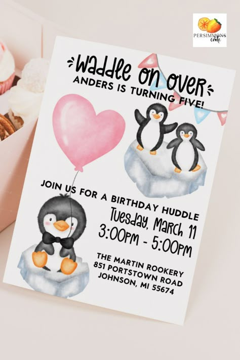 Waddle on over for a birthday party! We have a handful of invites featuring these cute little buddies. Check it out in our Etsy shop! Penguin First Birthday, Penguin Themed Birthday Party, Sledding Party, Penguin Birthday Party, Fifth Birthday Party, Penguin Birthday, Penguin Party, Fifth Birthday, 1st Birthday Themes