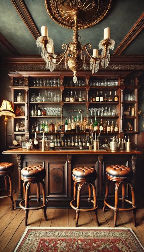 Vintage Speakeasy Bar, Old English Pub Interior, Home Bar Decor Ideas, English Pub Interior, Speakeasy Decor Bar, Pub Interior Ideas, 1920s Bar, Dark Wood Paneling, Old Fashioned Bar