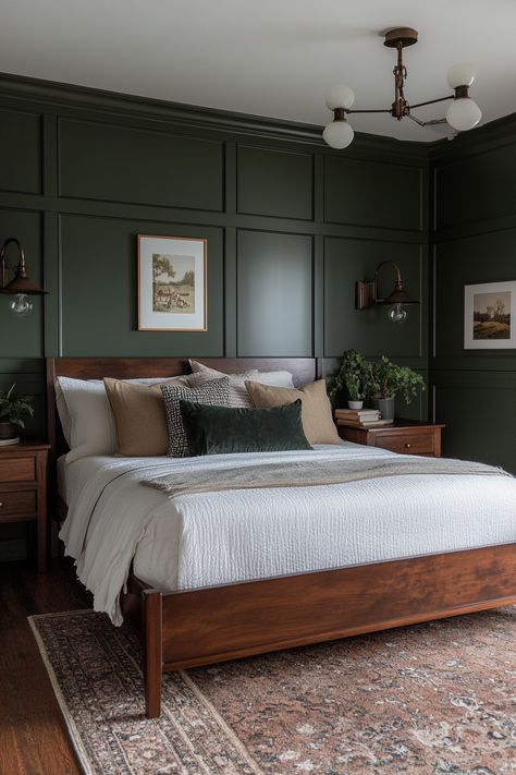 Deep tones like dark green and rich brown | Bedroom Aesthetic Dark Green Wall Master Bed, Dark Green Paint Colors Bedroom, Dark Brown And Green Interior, Bedroom Paint For Dark Furniture, Forest Green Walls Bedroom, Modern Dark Green Bedroom, Bedroom With Wood Headboard, Dark Small Room Ideas, Dark Green Beige Bedroom