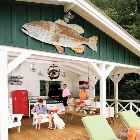 How one couple turned a run-down Georgia lake house, cottage, cabin into the makeover retreat of their dreams. Lake House Deck, Southern Living Rooms, Cabin Makeover, Sitting On The Porch, Cottage Outdoor, Lakeside Cabin, River Cabin, Lakeside Living, House Cottage