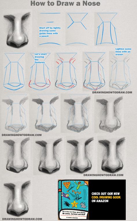 How to Draw and Shade a Realistic Nose in Pencil or Graphite Easy Step by Step Tutorial - How to Draw Step by Step Drawing Tutorials How To Draw A Nose, Draw A Nose, Portrait Drawing Tips, Shading Drawing, Drawing Instructions, Realistic Sketch, How To Draw Steps, Drawing Tutorial Face, Nose Drawing