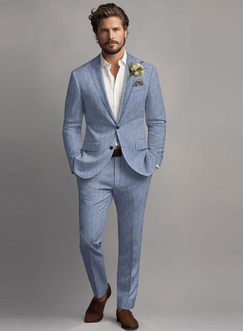 20 Brilliant Blue Wedding Ideas - LADY WEDDINGS Summer Suits For Men Wedding, Steel Blue Groom Suit, Light Blue Linen Suit Men, Light Blue Mens Wedding Suit, Heather Blue Suit Wedding, Formal Summer Men Outfit, Groom Style Summer Wedding, Dusty Blue Champagne Wedding Color Schemes, Mens Blue Suit Outfit Wedding