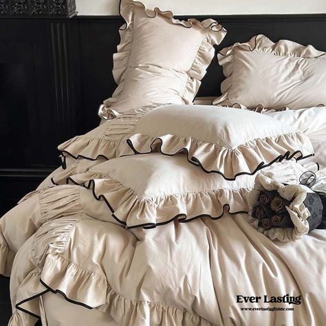 Beige Black Trim Ruffle Bedding Bundle Bed Makeover, Egyptian Cotton Duvet Cover, Stylish Bedding, Bed Sheet Sizes, Twin Xl Bedding, Small Bed, Ruffle Bedding, Cotton Bedding Sets, Stylish Beds