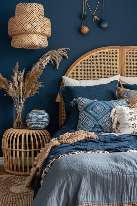 Orange And Navy Bedroom, Navy Boho Bedroom, Boho Bedroom Blue, Blue Boho Bedroom Ideas, Blue Boho Bedroom, Jasmine Aesthetic, Navy Blue Bedroom Ideas, Small Bedroom Design Ideas, Tan Bedroom