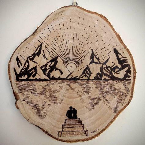 Pyrography Trees And Mountains, Wood Burn Tree Design, Mountains Wood Burning, Woodburn Mountains, Wood Burning Ideas Mountains, Wood Burn Mountains, Woodburning Art Ideas, Wood Burned Mountains, Pyrography Mountains