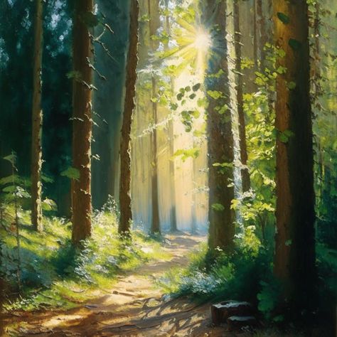 Morning Forest Wallpaper, Nature Paintings Acrylic Forest, Path In The Woods Painting, Woods Oil Painting, Mural Nature Painting, Woodland Forest Painting, Spring Reference Photos, Forest Creek Painting, Forest Matte Painting