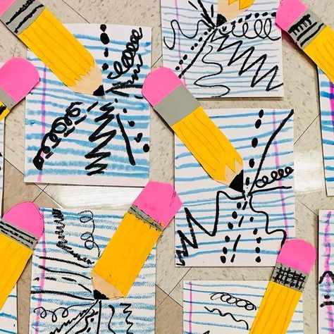 Keisha L. Casiano on Instagram: "Exploring the "Write" Way to Art!📝 Who knew a simple pencil could lead to a LINE-tastic adventure? 🤣 From straight-laced to curvy chaos, we've scribbled our way through it all with first grade 😄✏️✨ Project from my home girl @howgraythouart❤️😍 #arteducation #artteacher #elementaryartteacher #education #teachersofinstagram #weareteacher" Line Art Lesson Kindergarten, Art Projects With Lines For Kids, Simple Kindergarten Art Projects, Lines Art Lesson Elementary, Grade One Art Lessons, Exploring Lines In Art, Second Grade Line Art Projects, Pencil Art Preschool, First Grade Line Art Projects