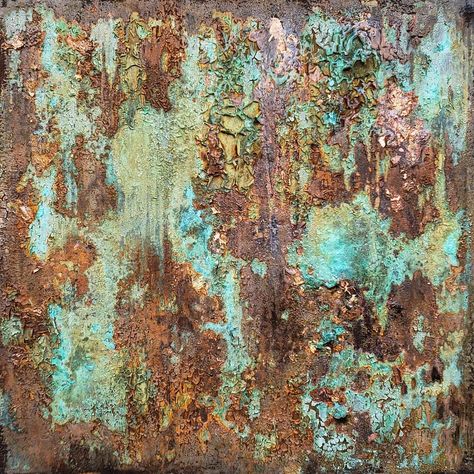 12 x 12 Mixed-media on wood panel . . . #patina #patinaart #rustedstuff #goldleaf #verdigris #copper #painting #color #rust #patterns… Verdigris Color Palette, Skeleton Throne, Bloodborne Dnd, Rusted Copper, Copper Aesthetic, Copper Verdigris, Patina Art, Oxidised Copper, Copper Painting