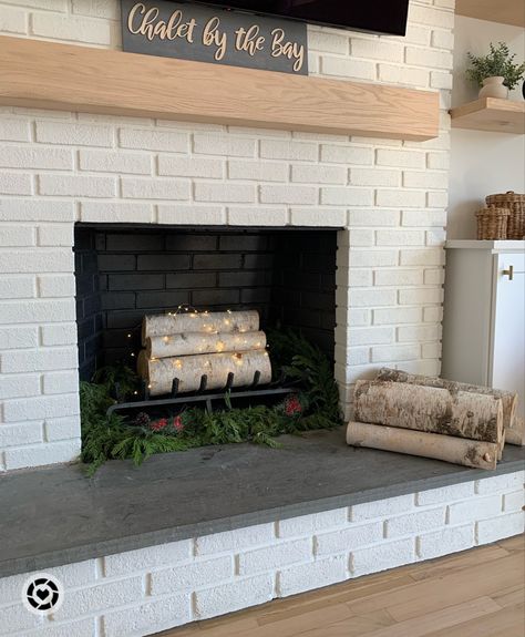 Fireplace Birch Log Decor, Birch Fireplace Logs, Logs In Fireplace With Fairy Lights, Logs And Candles In Fireplace, Fake Wood Fireplace Logs, Fireplace With Birch Logs, Fireplace Faux Logs, Birch Logs In Fireplace, String Lights Fireplace