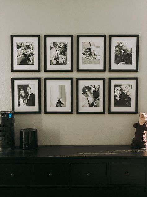 Easy black & white gallery wall with 11x14 frames and 8x10 pictures. Black frames, white mat and b&w pictures make a great bedroom wall.  Bedroom art. Bedroom wall decor. 8x 10 Photo Wall, Black Matted Picture Frame Wall, Picture Wall 8x10 Frames, 8x10 Picture Frames On The Wall, 4 Black Frames On Wall, 8 Frames On Wall Layout, Picture Wall Black Frames, 10 Frame Gallery Wall, 8 Photo Gallery Wall