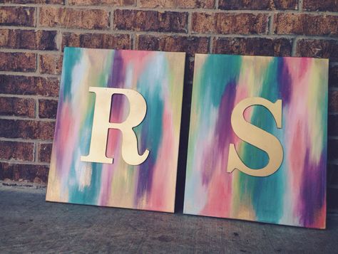 Gold spray painted wooden letters on abstract canvases Letter Painting On Canvas, Wooden Letters On Canvas, Letter Canvas Painting Initials, Initial Painting Ideas, Letter A Painting, Initial Painting On Canvas Letters, Name Canvas Painting Diy, Letter Painting Ideas, Alabama Painting