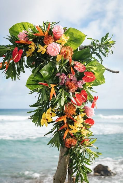 Hawaiian Wedding Flower Arch, Tropical Floral Design, Tropical Flower Arrangements Wedding, Tropical Wedding Arch, Tropical Flowers Wedding, Beach Wedding Reception Decor, Hawaiian Wedding Themes, Beach House Kauai, Tropical Wedding Bouquets