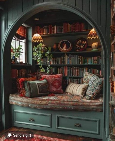 Sunroom Library Cozy, Creating Library At Home, Green And Gold Library Room, Tolkien Inspired Home, Pretty Home Library, Home Green Decor, Book Garden Decor, Small At Home Library, Forest Green Library