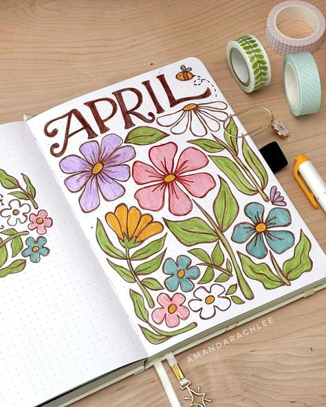 50+ Adorable April Cover Page Ideas To Love Cover Pages For Journals, Journal Month Cover Page, Journal Cover Drawing Ideas, Bullet Journal Ideas April Cover, Summer Art Journal, April Reading Journal, May Title Page, 2025 Bujo Cover, 2025 Bullet Journal Cover Page