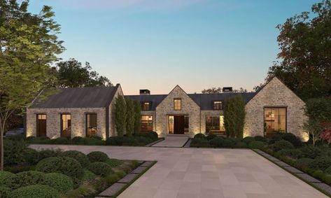 Scandinavian Ranch House Exterior, Modern Mediterranean Farmhouse Exterior, Contemporary Country Home Exterior, English Ranch House Exterior, English Country Floor Plans, Modern Vineyard House, Modern Farmhouse Plans One Story Open Floor, Landscape Design Driveway, Texas Hill Country Homes Exterior