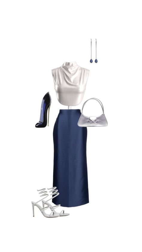 Elegant classy event, modest, satin skirt, navy, silver, Carolina Herrera, silver stroppy heels, silver purse, silver accessories, good girl, perfume Silver Satin Skirt, Good Girl Perfume, Girl Perfume, Satin Skirt Outfit, Silver Purse, Heels Silver, Event Outfit, Good Girl, Satin Skirt