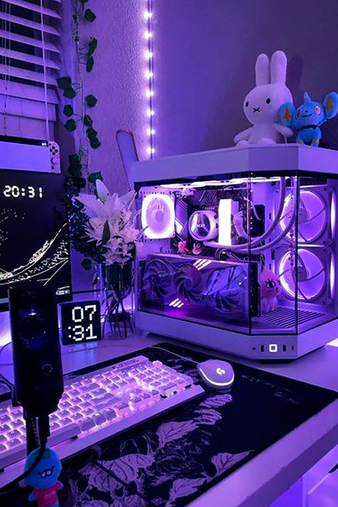 Experience gaming like never before with this adorable Kawaii purple gaming setup! Explore a world of cuteness and style in shades of purple. Get inspired to create your own charming gaming paradise. 💜☁️ #KawaiiGaming #PurpleSetup #GamingInspiration #CuteGamer Neon Japanese Aesthetic Room, Purple Pc Setup Aesthetic, Lilac Pc Setup, Aesthetic Game Room Ideas, Purple Set Up, Lavender Gaming Setup, Game Set Up, Purple Pc Setup, Purple Gaming Setup