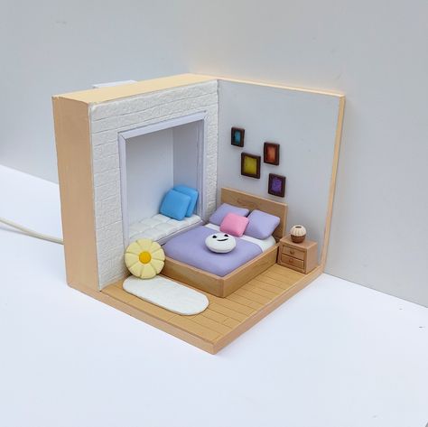 I made a miniature of polymer clay bedroom combine with PVC board as the wall. So much fun! Ceramic Art Bedroom, Miniature Room Decor, Polymer Clay Miniature Furniture, Diy Miniature Bedroom, Clay Doll House Miniatures, Polymer Clay House Miniature, Polymer Clay Miniatures Doll Houses, Miniature Clay Houses, Easy Miniature Crafts