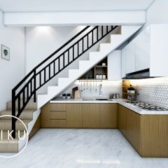 Kitchen Near Stairs, Kitchen With Stairs, Small Kitchen Set, Kitchen Under Stairs, Living Room Stairs, تحت الدرج, Stairs In Kitchen, Staircase Design Modern, Exterior Tiles