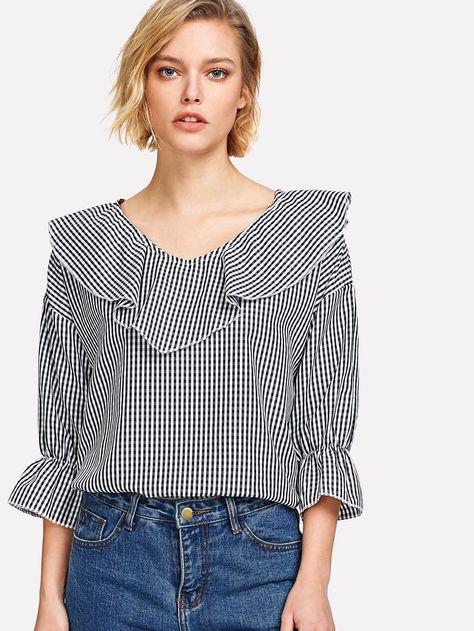 Shop Bertha Collar Gingham Plaid Blouse online. SheIn offers Bertha Collar Gingham Plaid Blouse & more to fit your fashionable needs. Bertha Collar, Flats Outfit, Flats Patterns, Plaid Blouse, Women Blouses, Blouse Online, Mother’s Day, Gingham, Open Shoulder Tops