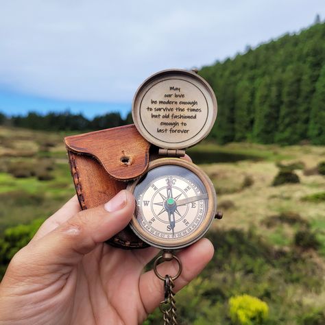 This engraved custom compass is the perfect personalized gift for the adventurous spirit in your life! Made from high-quality brass, this unique keepsake combines vintage nautical charm with functional design. Whether you're shopping for a loved one, friend, or colleague, this custom compass makes an unforgettable Christmas gift that will be treasured for years to come. The compass is fully customizable with up 120 characters per lid, allowing you to add a personal touch, such as initials, a sig Brass Compass, Engraved Compass, Engraved Handwriting, Text Symbols, The Compass, Nautical Gifts, Camping Games, Vintage Nautical, Wooden Case