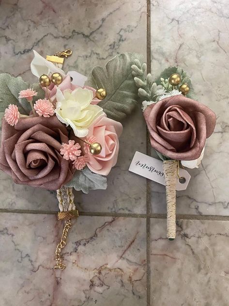 Floral Wristlets Wrist Corsage, Bridesmaid Wristlets, Wrist Corsage Wedding Mothers, Unique Prom Corsage Ideas, Rose Gold Corsage, Dusty Rose Corsage, Dusty Rose Boutonniere, Corsage Wedding Mother, Bridesmaid Wrist Corsage