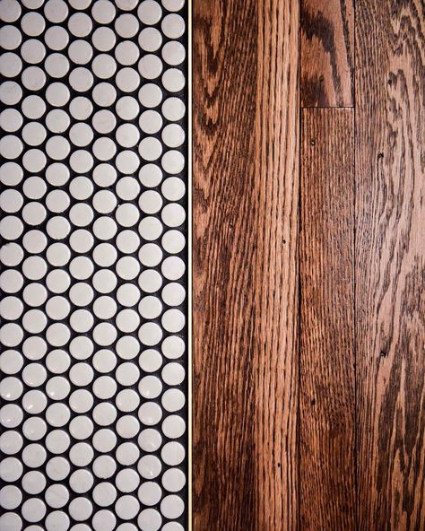 Floor transitions between tile and wood do not have to be your typical threshold. We used a brass shluter to tie the two materials together… Floor Transitions, Tile Transition, Penny Round Tile, Bathroom Organizing, Bath Redo, Penny Round Tiles, Cle Tile, Penny Tile, Penny Round