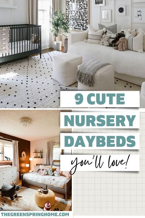 Check out these four real-life nurseries for nursery daybed layout ideas! You'll also find NINE stylish & top-rated nursery daybed ideas - with options for every budget! Nursery Queen Bed, Nursery Daybed Ideas, Nursery Layout With Bed, Nurseries With Daybeds, Nursery With A Daybed, Nursery With Pull Out Couch, Nursery Futon, Nursery With Queen Bed Layout, Daybed For Nursery