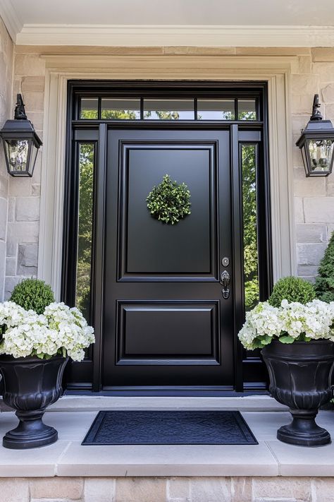 Discover the Magic of Black Trim in Your Interiors : 13 Ideas - DreamyHomeStyle Front Door Panel Ideas, Black Interior Front Door With Transom, Townhouse Door Entrance, External Door Design, Black Arch Front Door, Two Panel Front Door, Black Front Door White Windows, Black Front Door No Windows, Black Painted Front Door