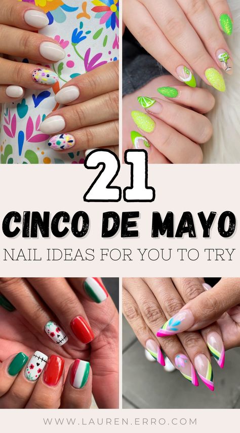 This post has a round-up of 21 Colorful Cinco De Mayo Nail Ideas. From intricate artwork to fun and whimsical designs there are so many colorful, fun, and cute nail ideas here for your Cinco De Mayo celebrations. Mexico Theme Nails, Mexico Nail Art, Hispanic Heritage Nails, Hispanic Heritage Month Nails, Margarita Nails Design, Mexican Independence Day Nails, Mexican Vacation Nails, Mexican Nail Art Mexico, Mexican Theme Nails