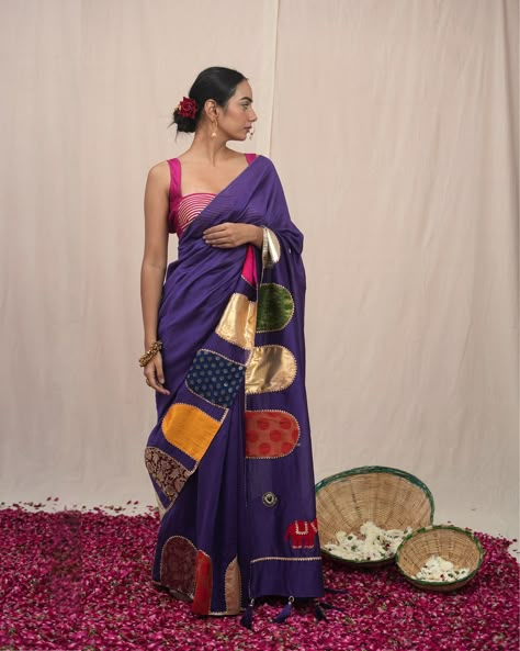 Our stunning पारो (Paaro) Saree! 💜✨ Made from luxurious Chanderi Silk in rich purple, it’s adorned with brocade appliques, golden gota, and mirror embroidery. Featuring hand-embroidered applique elephants, this saree is perfect for any grand occasion. Tradition meets modern elegance! 🌟 #paarosaree #saveasstyle #chanderisilk #grandoccasion #sustainablefashion #elegantdesign Saree Photoshoot Ideas Creative, Photoshoot Diy, Coke Studio, Best Indian Wedding Dresses, Draping Styles, Diy Dresses, Navratri Dress, Saree Draping Styles, Mirror Embroidery