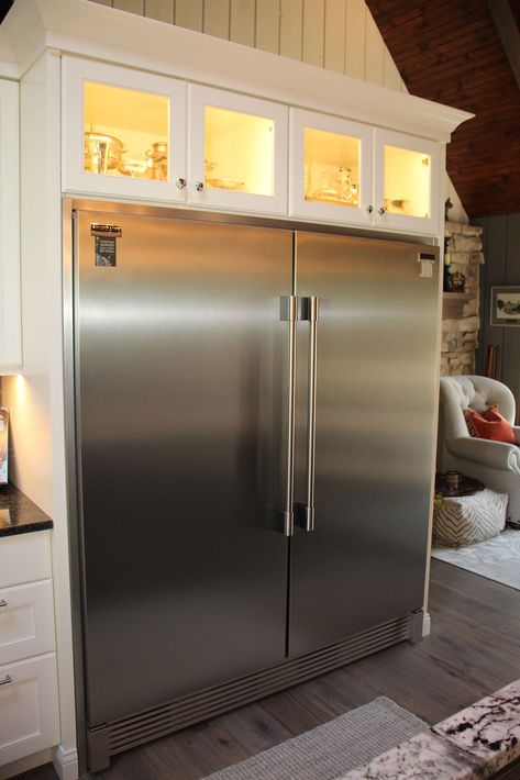 32 Double Door Stainless Steel fridge and freezer Frigidaire Professional refrigerator TASK LED Lights Remodel Kitchen Dimensions in Wood Columbia MO Refrigerator Nook, Refrigerator Cabinet Ideas, Double Fridge Kitchen, Farmhouse Refrigerator, Kitchen Island White Cabinets, Interior Design Minimalist Kitchen, Frigidaire Professional Refrigerator, Refrigerator Enclosure, Industrial Fridge