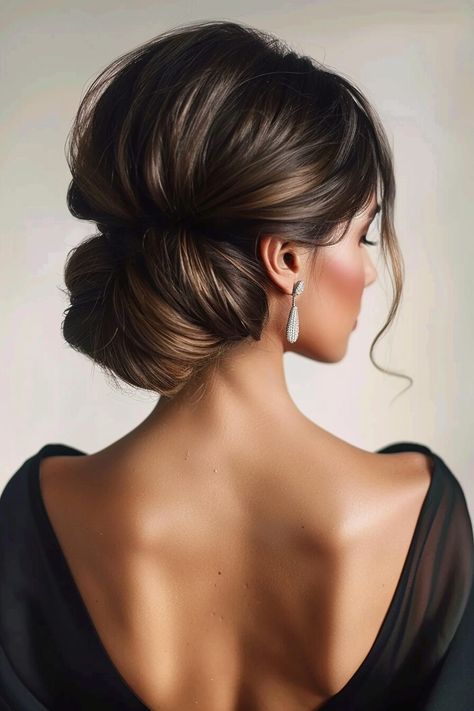 50 Trending Updos for Medium-Length Hair That Are Looking Perfect In 2025 Hair Buns For Medium Hair Wedding, Elegant Pulled Back Hairstyles, Bridesmaid Updo Hairstyles Brunette, Bridal Hair Low Bun Brunette, High Wedding Hair Updo, Black Tie Ball Hairstyles, Updos For Wedding Mother Of The Bride, Formal Hairstyles Dark Hair, Bridal Hair Updo Sleek Classy