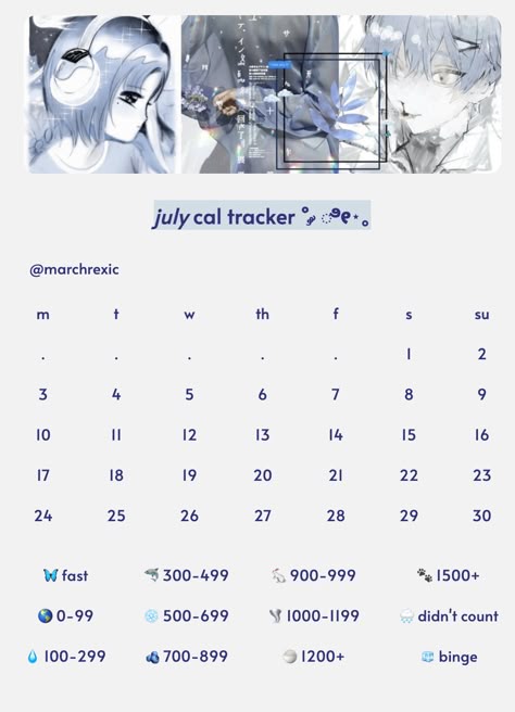 cal tracker calorie counting healthy weight loss diet dieting calendar aesthetic blue theme Weight Tracker Aesthetic, Calorie Calendar Aesthetic, Character Themed Diets, September Calorie Tracker, June Calorie Tracker, July Calorie Tracker, August Calorie Tracker, Calorie Calendar, Themed Diets Twt