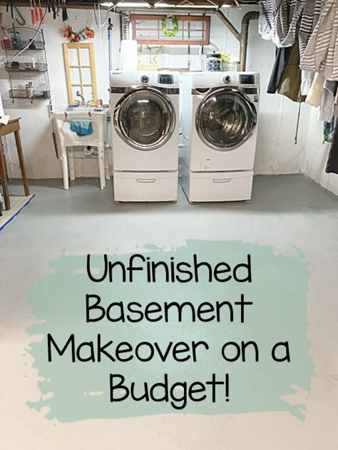 DIY unfinished basement makeover Unfinished Laundry Room, Unfinished Basement Makeover, Cheap Laundry Room Makeover, Basement Renovations Ideas, Basement Laundry Area, Living Room Ideas Basement, Bedroom Ideas Basement, Unfinished Basement Laundry, Basement Makeover Ideas