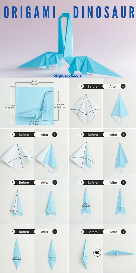 Origami Dinosaur Step By Step, Things To Fold Out Of Paper, Easy Oragami Things To Make, Origami Rectangle Paper, Origami For Kids Step By Step, Simple Oragami, Origami Dinosaur Easy, Cool Origami Step By Step, Origami Animals Step By Step