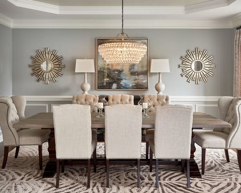 20 Beautiful Transitional Style Dining Room Ideas Dining Room Wall Mirrors, Formal Dining Room Accent Wall, Large Mirror Dining Room, Dining Room Mirror Decor, Transitional Style Dining Room, Formal Dining Room Decor, Artistic Interior, Dining Room Layout, Transitional Dining Room