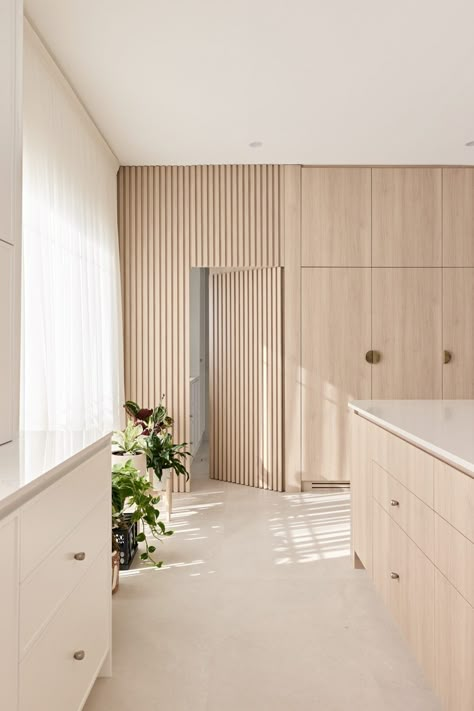 Screenwood | Russell Lea Residence Interior Design Portfolio Layout, Hidden Doors, Timber Battens, Store Room, Small Apartment Interior, Hidden Door, Minimalist Kitchen, New Age, Joinery