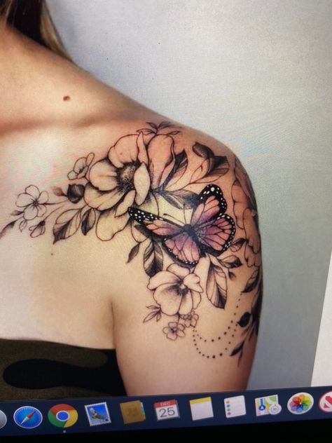 Upper Shoulder Tattoo, Shoulder Sleeve Tattoos, Butterfly Tattoo On Shoulder, Cool Shoulder Tattoos, Catrina Tattoo, Quarter Sleeve Tattoos, Tattoos For Women Flowers, Tattoos For Women Half Sleeve, Flower Tattoo Shoulder