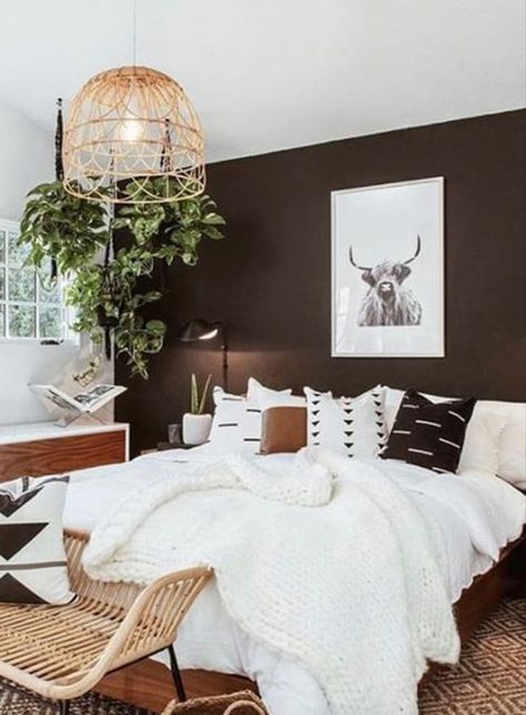 a cool monochromatic modern bedroom with a black accent wall, black and white graphic bedding and a rattan chair at the foot of the bed Bedroom Farmhouse, Bedroom Decor Inspiration, Accent Wall Bedroom, Master Decor, Brown Walls, Master Bed, Master Bedrooms Decor, New Bedroom, Cheap Home Decor