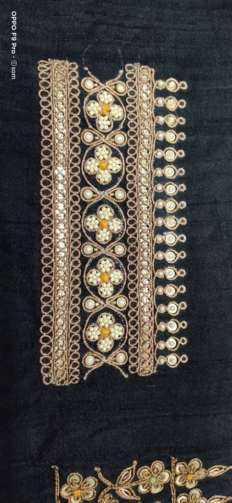 Marodi Work Border Crafting With Metal Sequins And Kasav Dori In Pure Raw Silk Metal Sequin Embroidery, Dori Embroidery Design, Marodi Work Sabyasachi, Dori Work Embroidery Design, Marodi Work Blouse, Dori Work Embroidery, Marodi Embroidery, Yellow Suits, Marodi Work