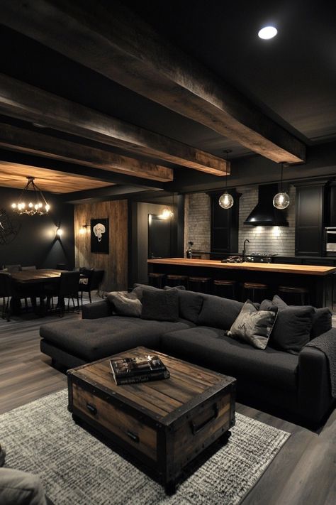 13 Moody Man Cave Ideas For The Ultimate Retreat – DreamyHomeStyle Dark Inside House, Outdoor Themed Basement, All Black Man Cave, Basement Remodel Man Cave, Cool Bachelor Pads, Moody Man Cave Basement, Cozy Dark Basement, Speakeasy Style Living Room, Man Cave Gaming Room